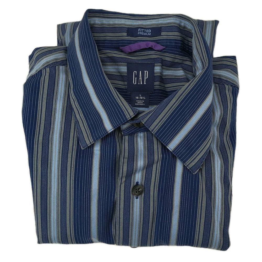 Gap Fitted Premium Mens Large Blue Gray Striped Button‎ Up Dress Shirt 16-16.5